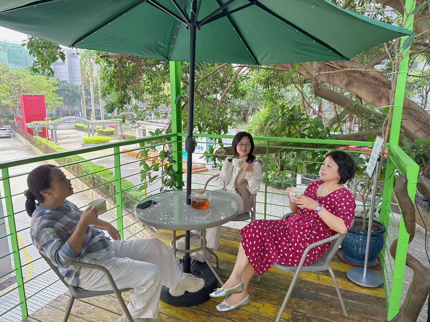三位朋友在一溪云树下露台喝茶交流